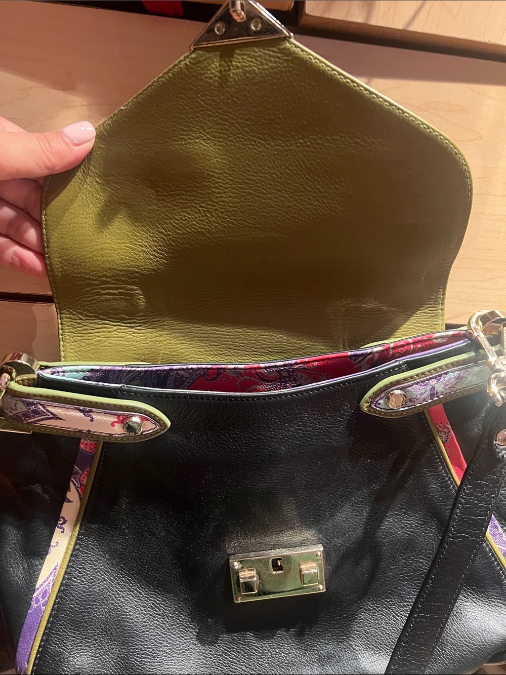 Black Leather Satchel with Patterned Accent Strap - Picture 7 of 17